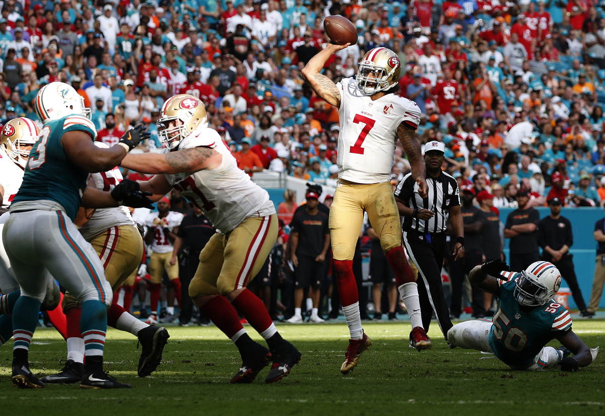 The football case for Kaepernick includes a 2016 season in which he threw 16 TDs (against four INTs), including three scores against the Dolphins.